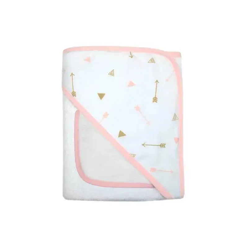 American Baby - Organic Hooded Towel And Washcloth, Gold/Pink Arrows