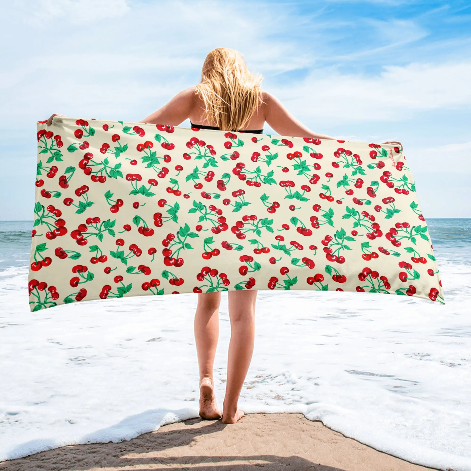 Arden Antique Ivory Cherry Girl Beach & Bath Towel | Pinup Couture Home