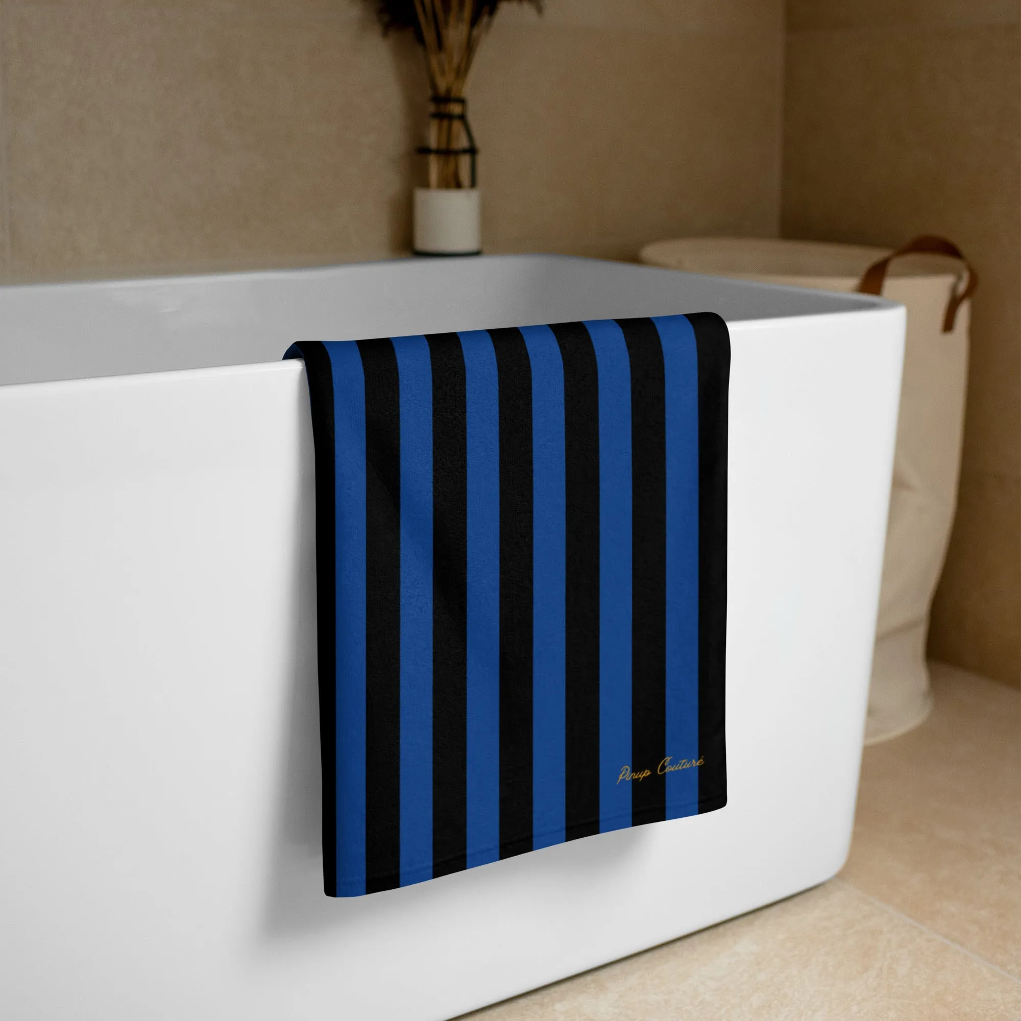 Arden Nevermore Blue & Black Stripe Beach & Bath Towel | Pinup Couture Home