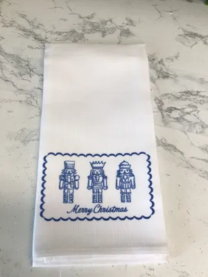 Blue Chinoiserie Nutcracker Hand Towel - Merry Christmas