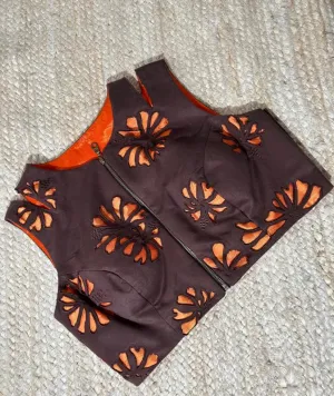 Brown Orange suede Cut work Blouse