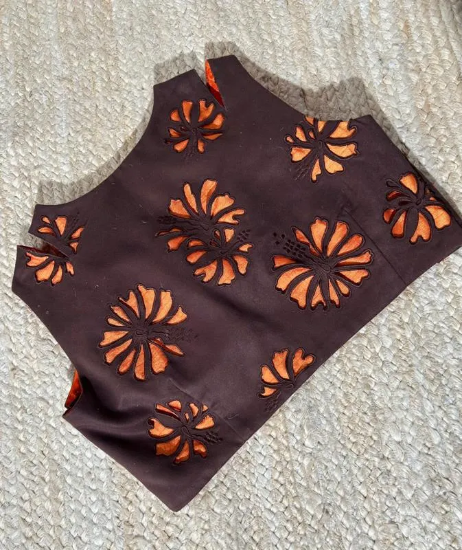 Brown Orange suede Cut work Blouse