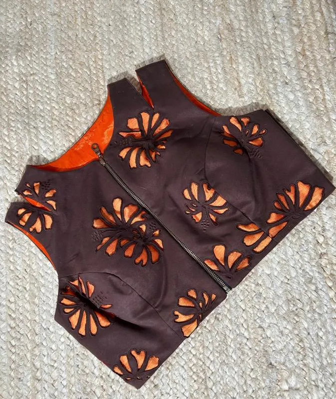 Brown Orange suede Cut work Blouse