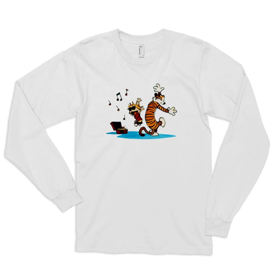 Calvin and Hobbes Dancing with Record Player Long Sleeve Shirt