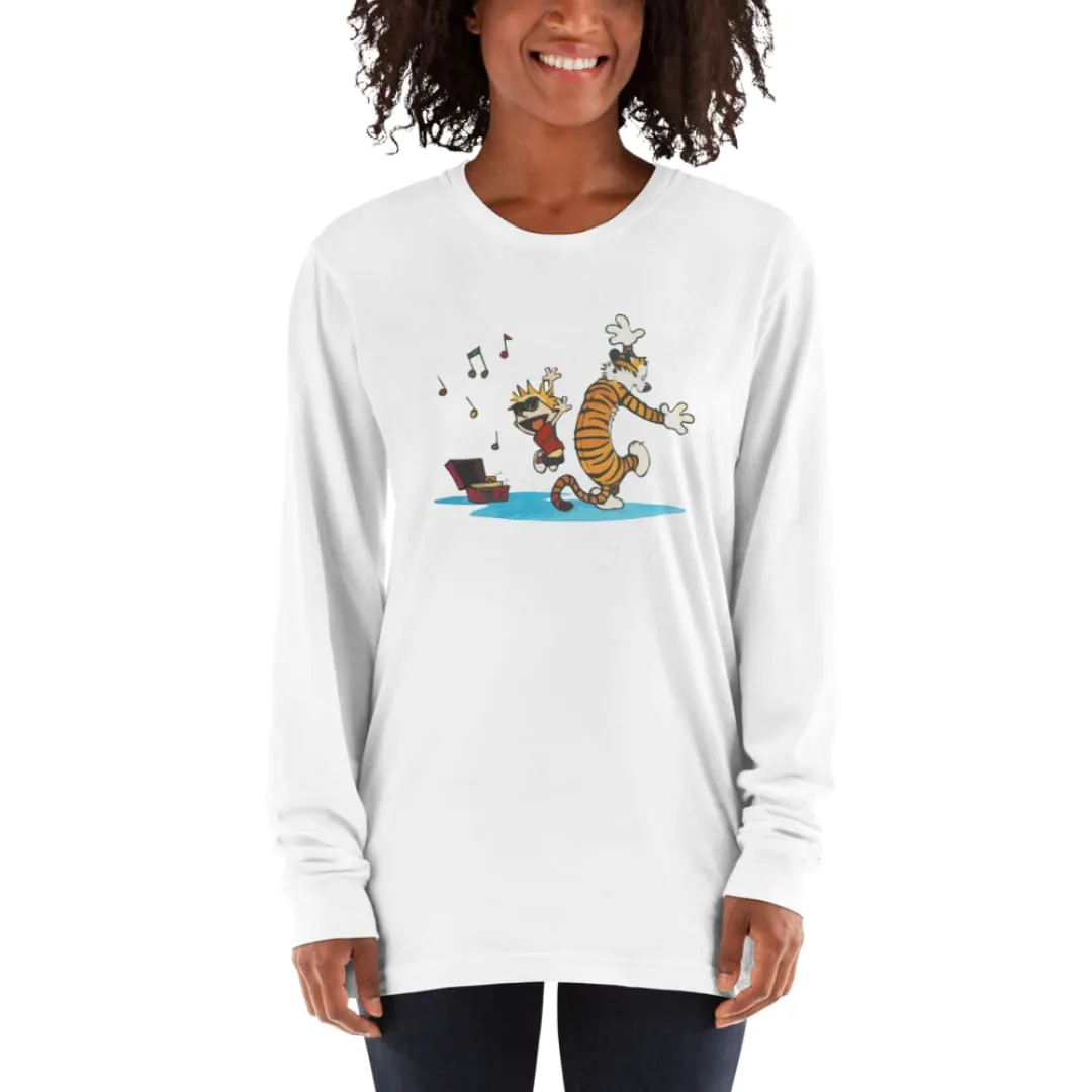 Calvin and Hobbes Dancing with Record Player Long Sleeve Shirt