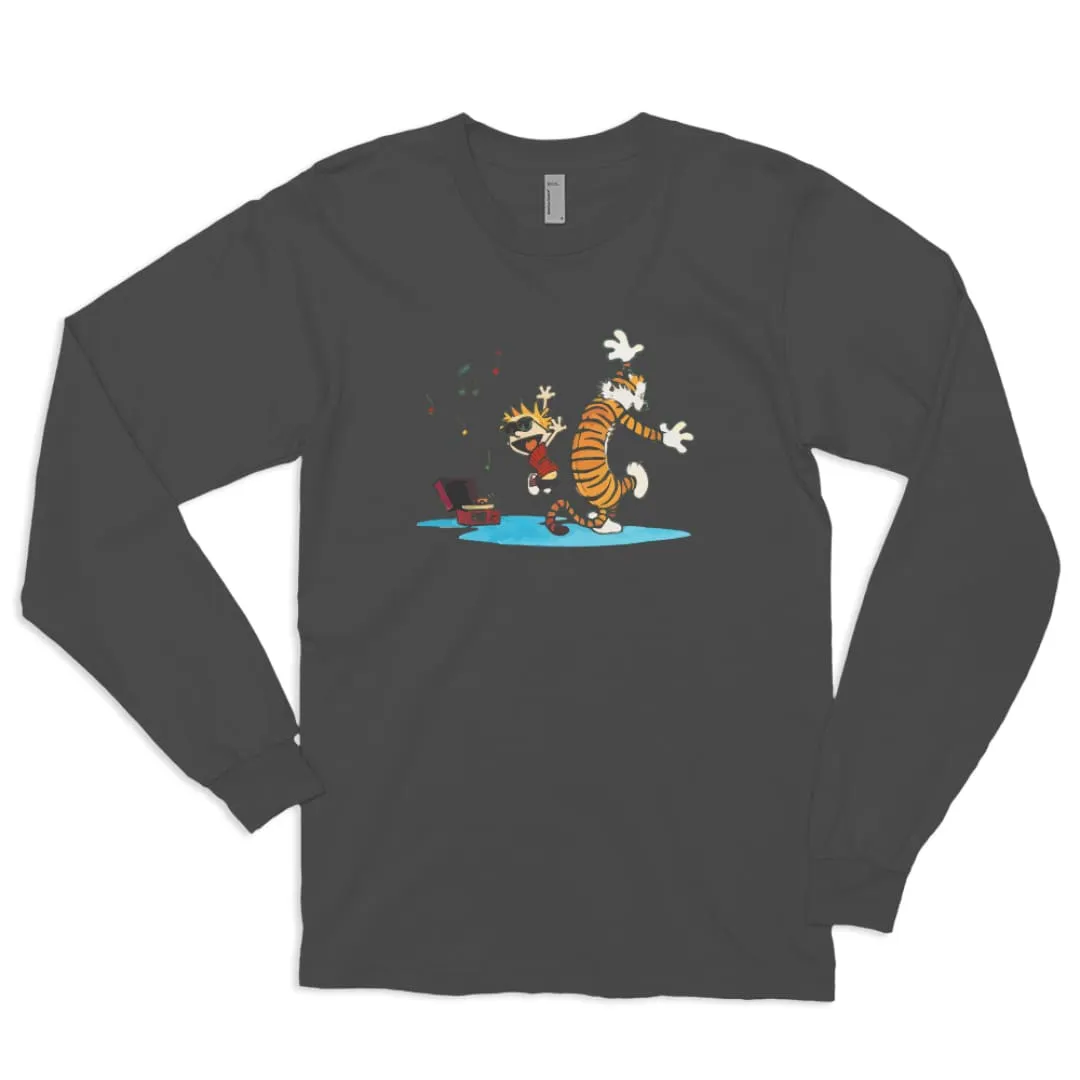 Calvin and Hobbes Dancing with Record Player Long Sleeve Shirt