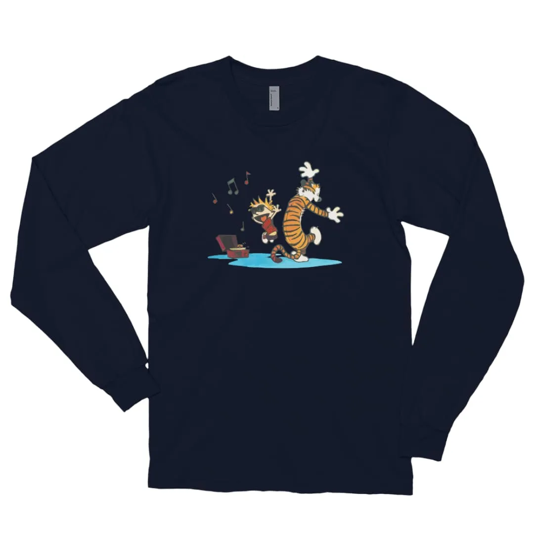 Calvin and Hobbes Dancing with Record Player Long Sleeve Shirt