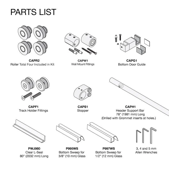 Capri Series 180 Degree Single Sliding Door System Kit