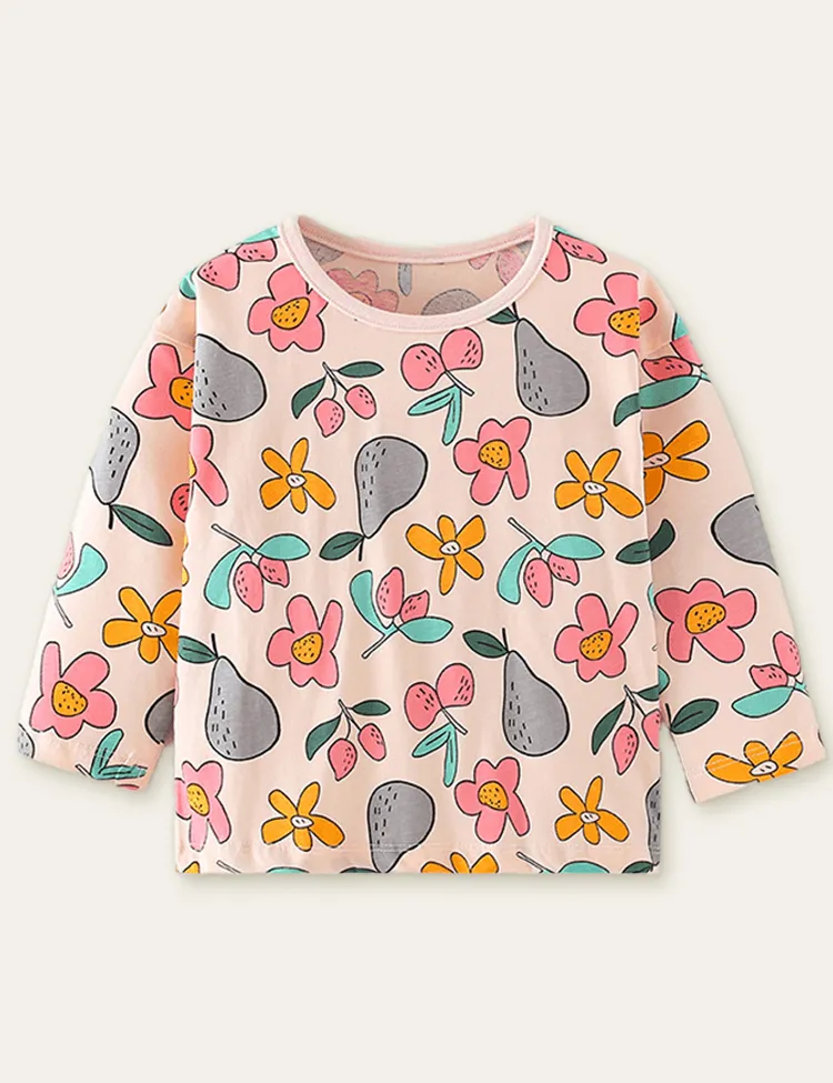 Cartoon Flower and Fruit Printed Long Sleeve T-shirt