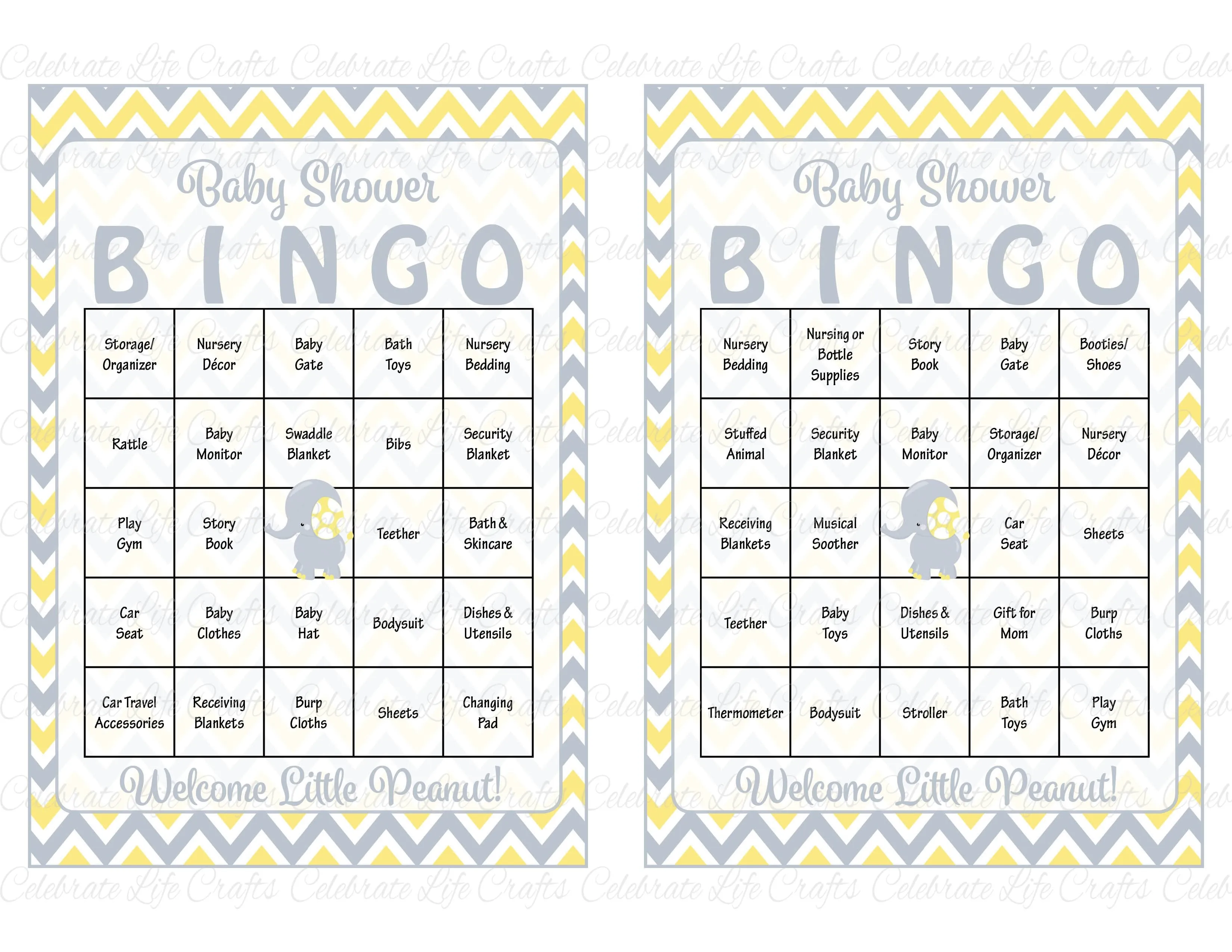 Elephant Baby Shower - Baby Bingo Cards - Printable Download - Baby Shower Game for Boy - Yellow & Gray B3005