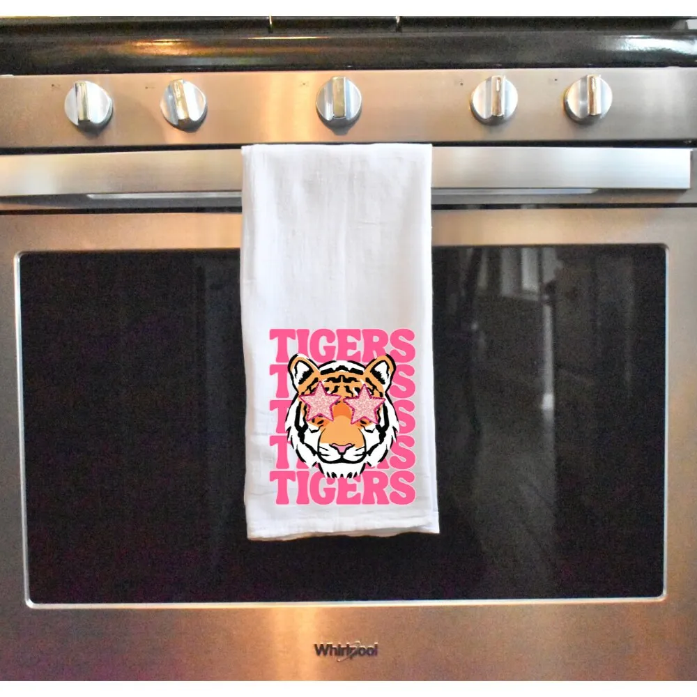 Go Tigers! Retro Preppy Kitchen Dish Towel, Pink Tigers, Hostess Gift, Tailgating, Football Towel, Housewarming Gift, Dorm decor