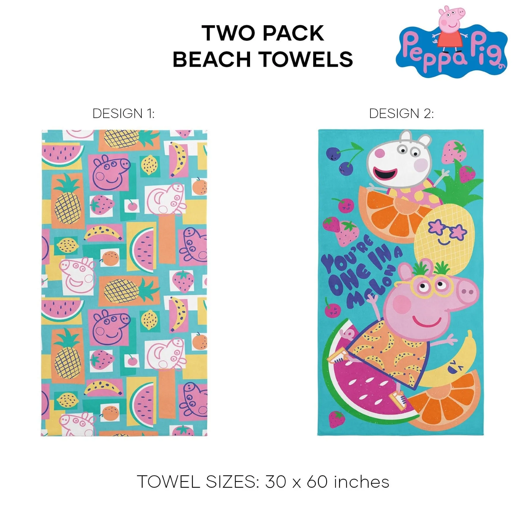 Hasbro Peppa Pig Fruit Salad   One In A Melon Beach Towel 2 Pack 30x60 Inches