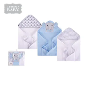 Hudson Baby Knit Terry Hooded Towel Set 3 Piece White Dots/Gray Elephant 57989