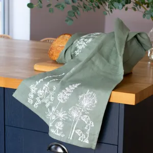 Linen Garden Design Tea Towel: Sage Green