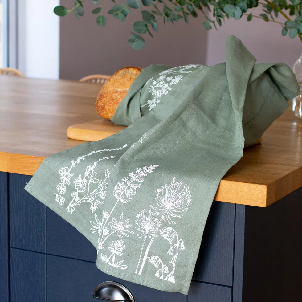 Linen Garden Design Tea Towel: Sage Green