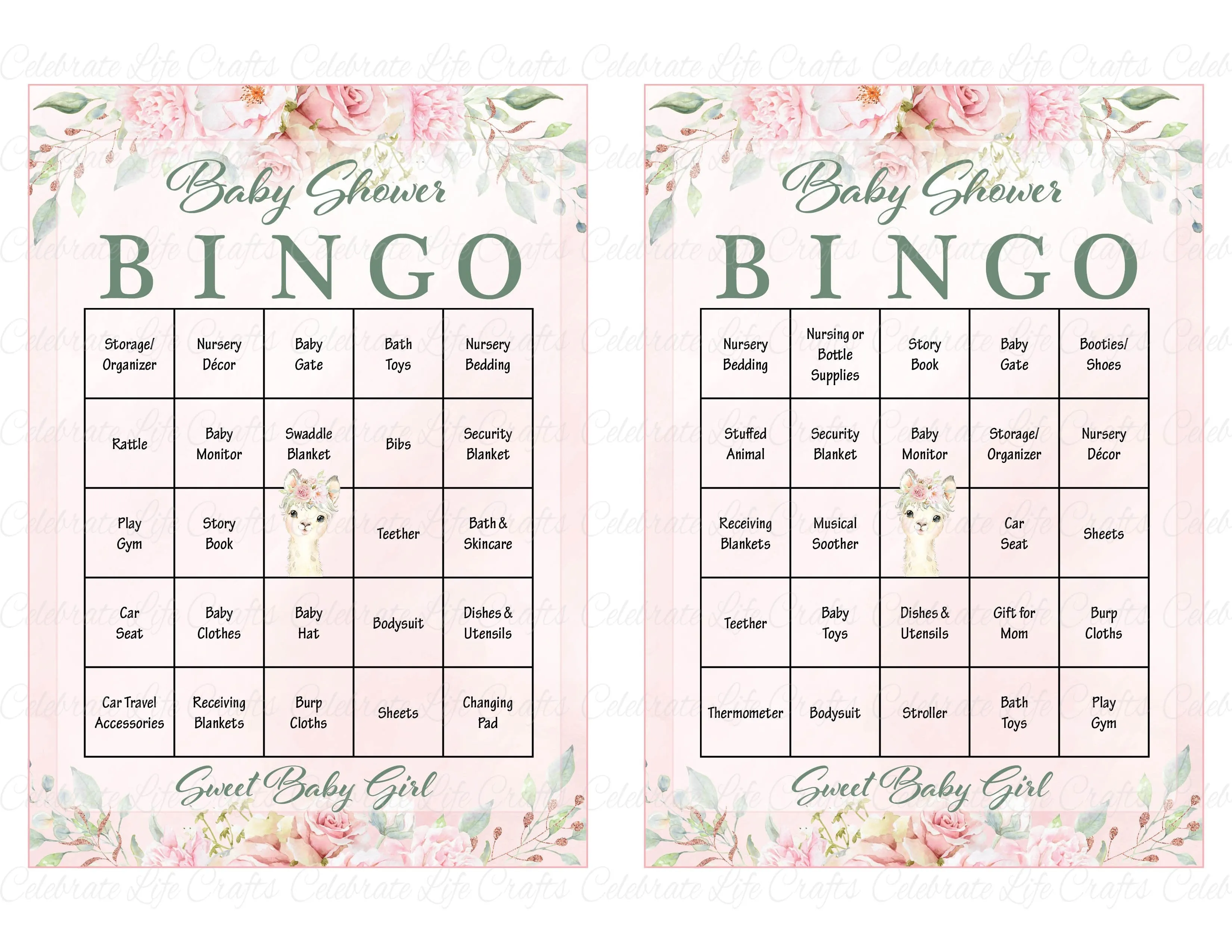 Llama Baby Shower - Baby Bingo Cards - Printable Download - Baby Shower Game for Girl - Pink Floral Llama B42001