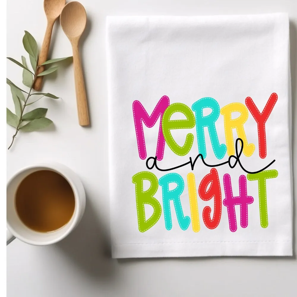 Merry and Bight Festive Christmas Kitchen Dish Towel, Holiday Party Gift, Bright colored, Housewarming, Hostess Gift, Teachers Gift