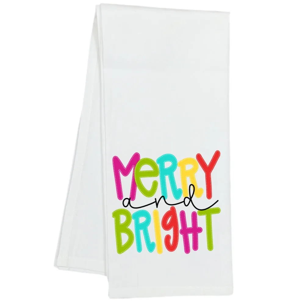 Merry and Bight Festive Christmas Kitchen Dish Towel, Holiday Party Gift, Bright colored, Housewarming, Hostess Gift, Teachers Gift