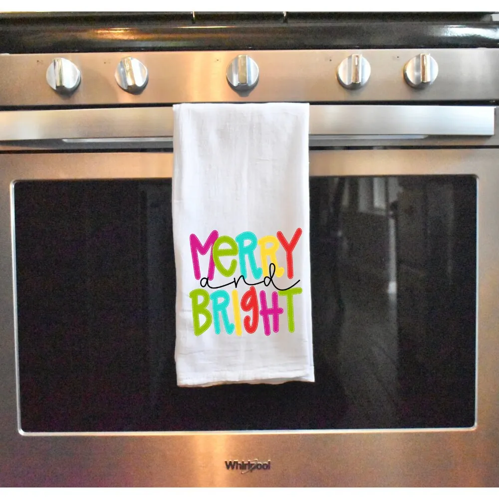 Merry and Bight Festive Christmas Kitchen Dish Towel, Holiday Party Gift, Bright colored, Housewarming, Hostess Gift, Teachers Gift