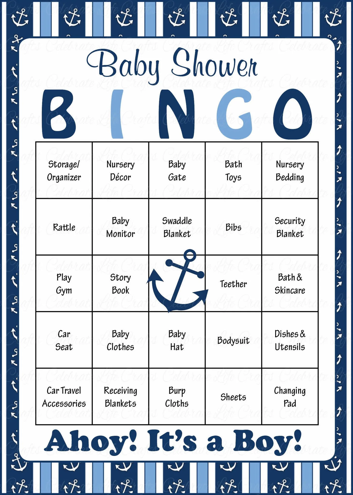 Nautical Baby Bingo Cards - Printable Download - Prefilled - Anchor Baby Shower Game for Boy - Navy & Blue