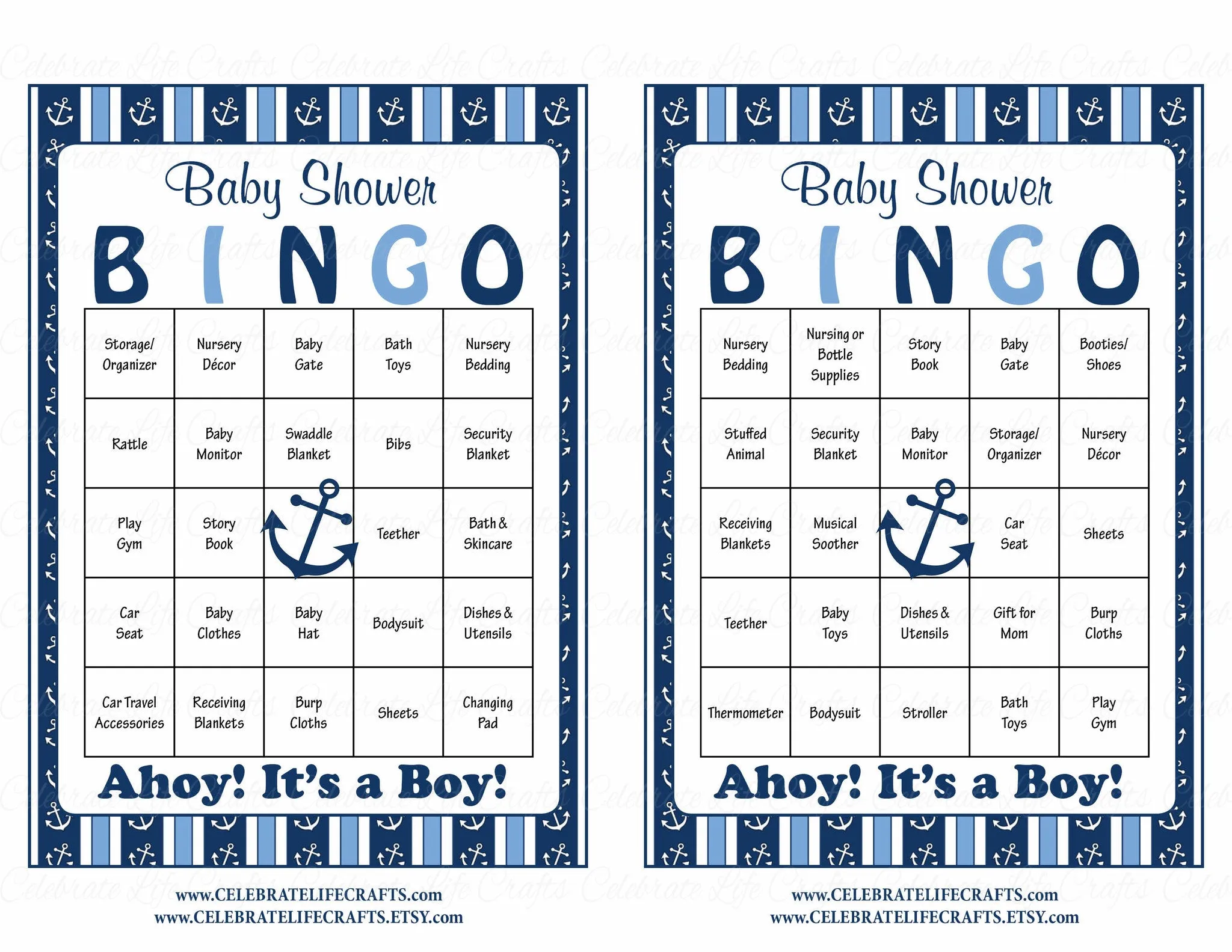 Nautical Baby Bingo Cards - Printable Download - Prefilled - Anchor Baby Shower Game for Boy - Navy & Blue