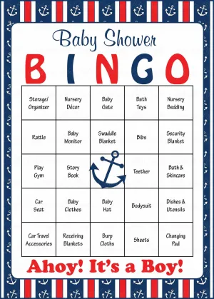 Nautical Baby Bingo Cards - Printable Download - Prefilled - Anchor Baby Shower Game for Boy - Navy & Red