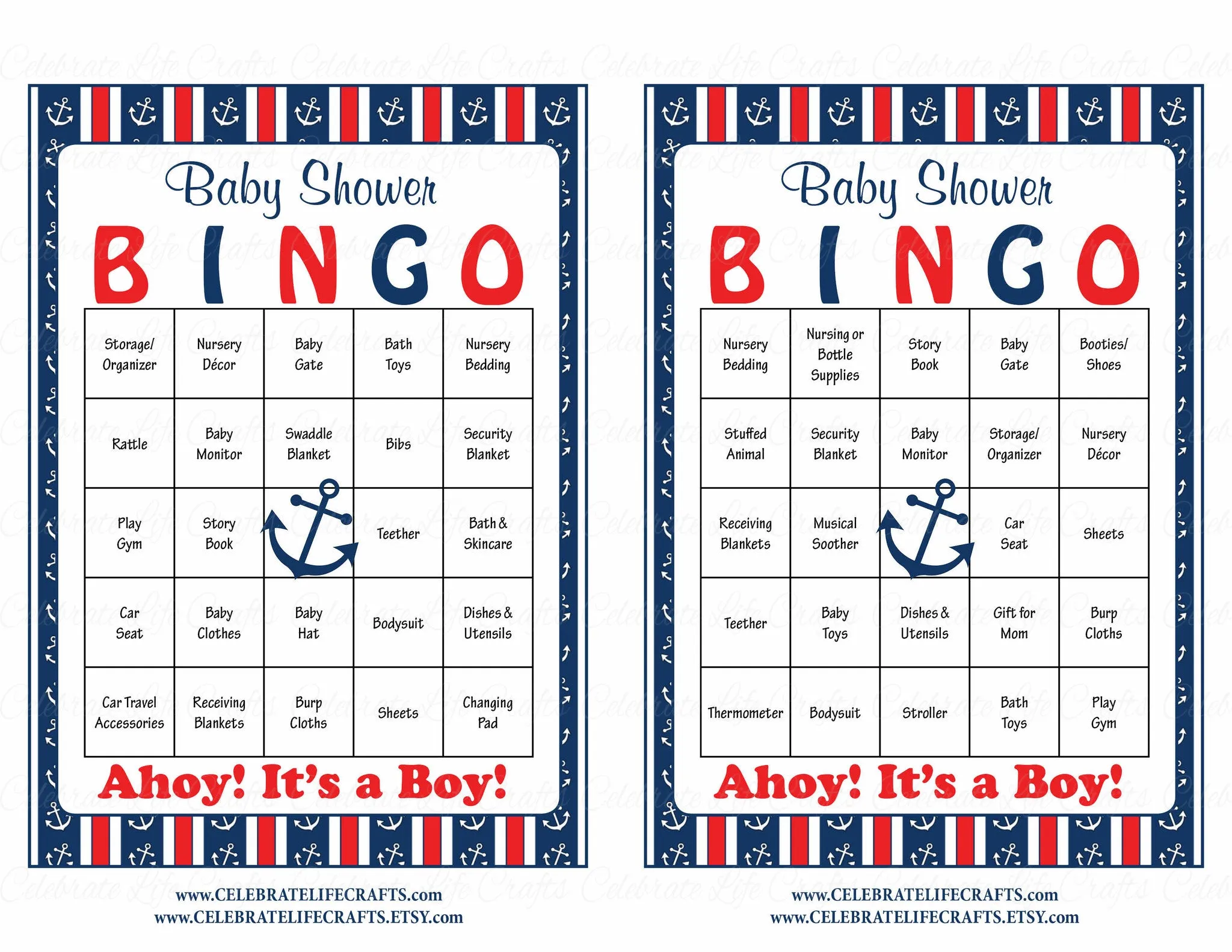 Nautical Baby Bingo Cards - Printable Download - Prefilled - Anchor Baby Shower Game for Boy - Navy & Red