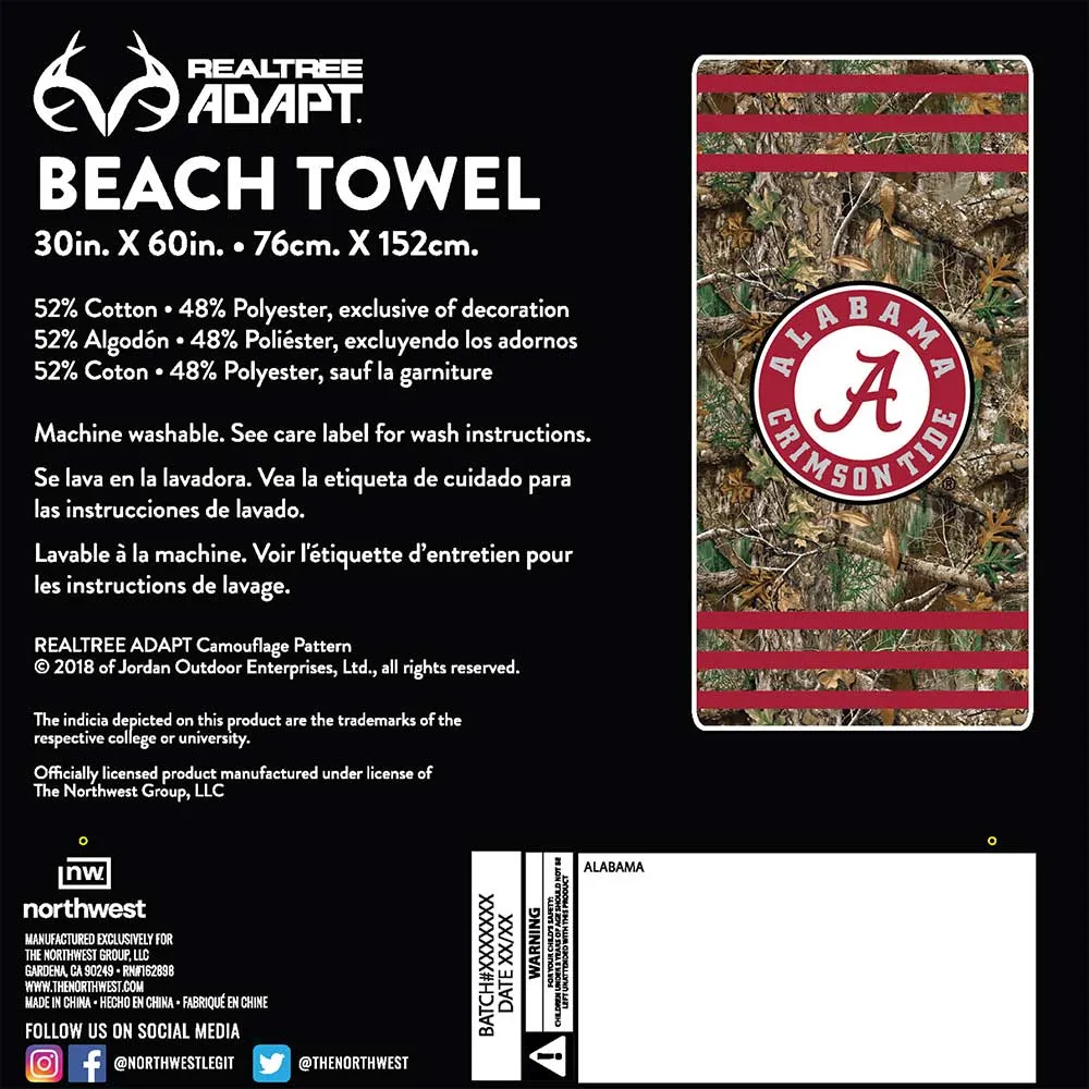 NCAA Alabama Crimson Tide Realtree Stripes Beach Towel 30x60 Inches