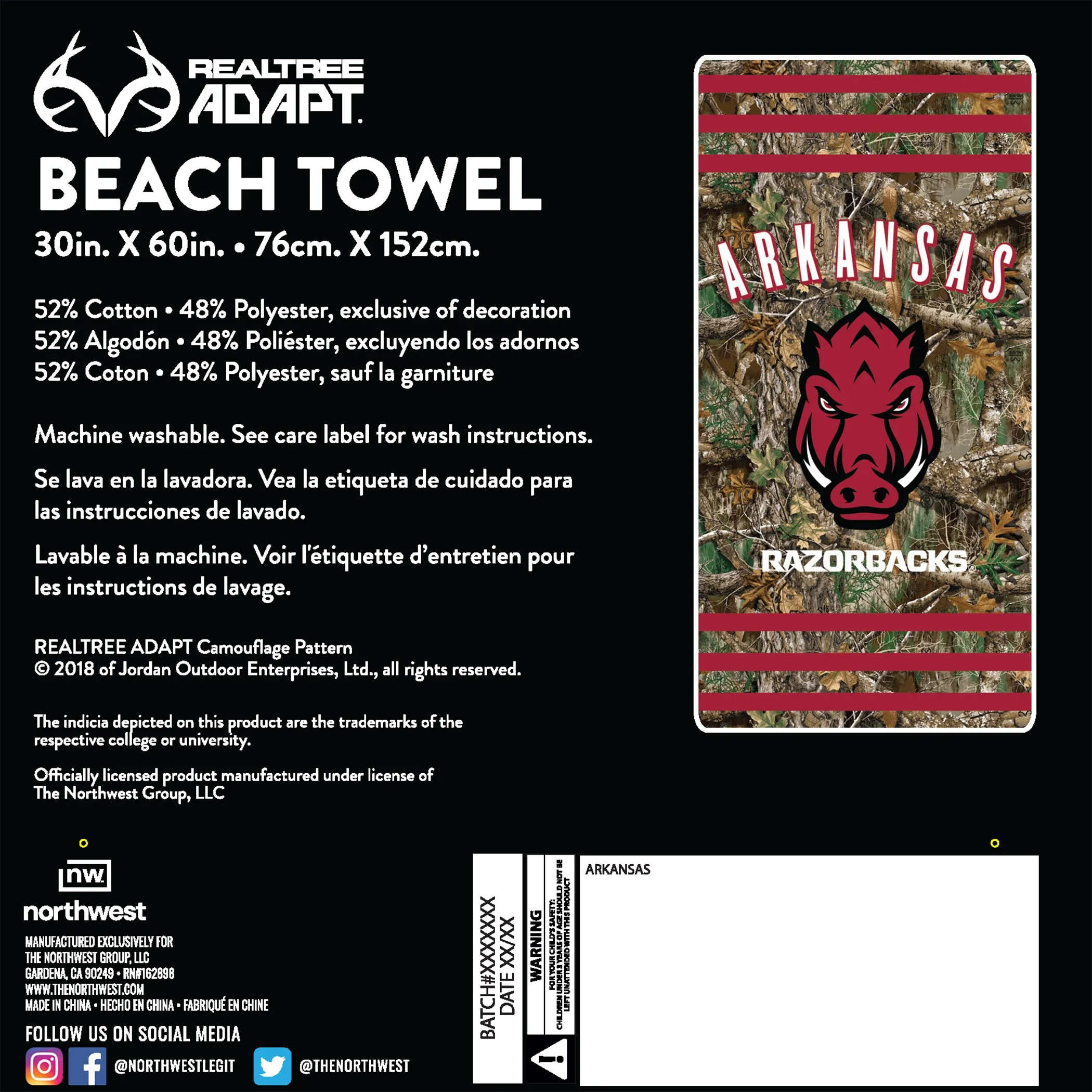 NCAA Arkansas Razorbacks Realtree Stripes Beach Towel 30x60 Inches