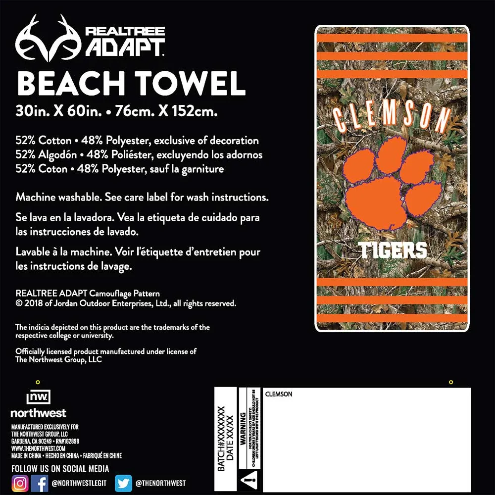 NCAA Clemson Tigers Realtree Stripes Beach Towel 30x60 Inches