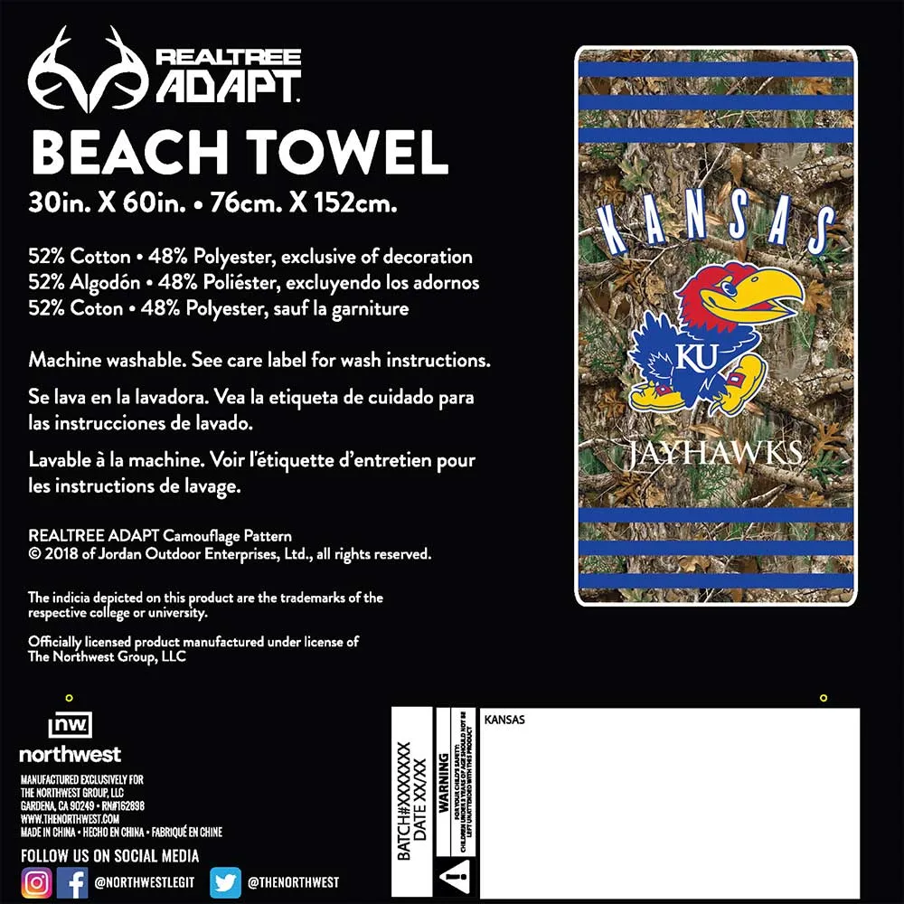 NCAA Kansas Jayhawks Realtree Stripes Beach Towel 30x60 Inches