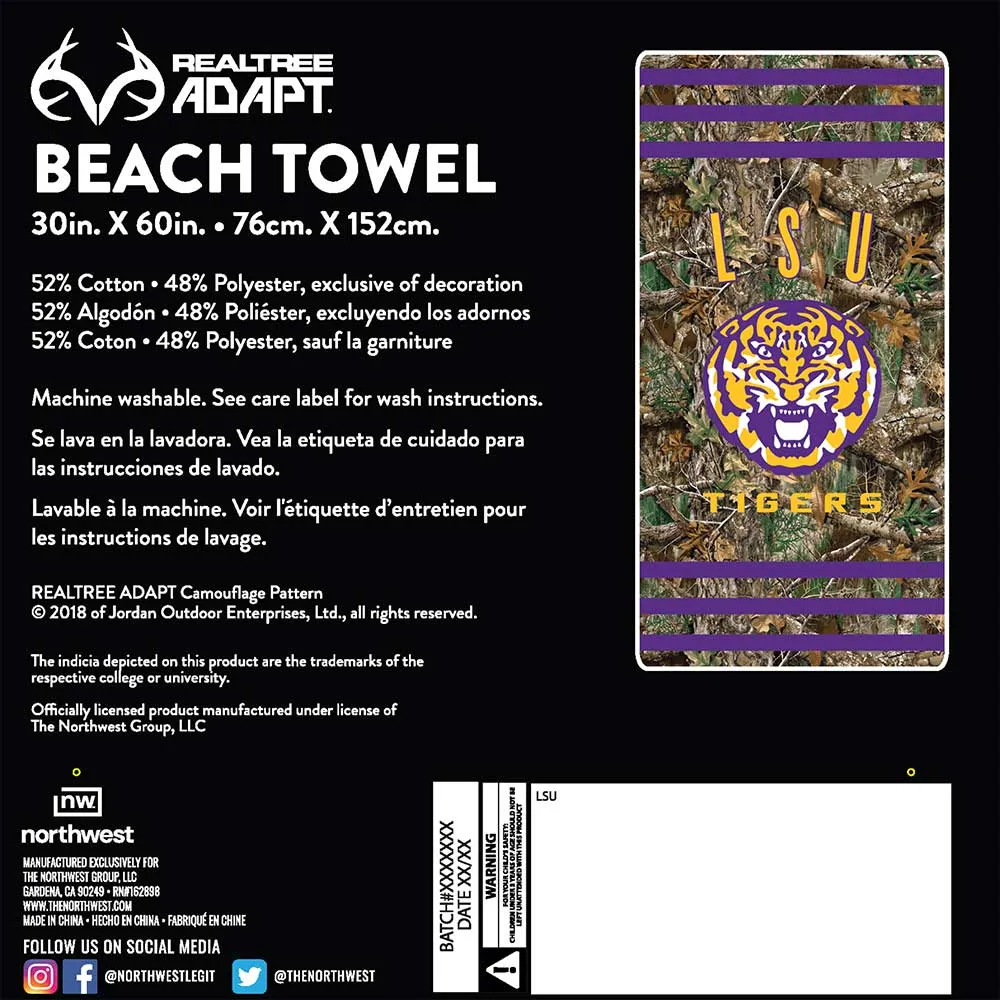 NCAA LSU Tigers Realtree Stripes Beach Towel 30x60 Inches