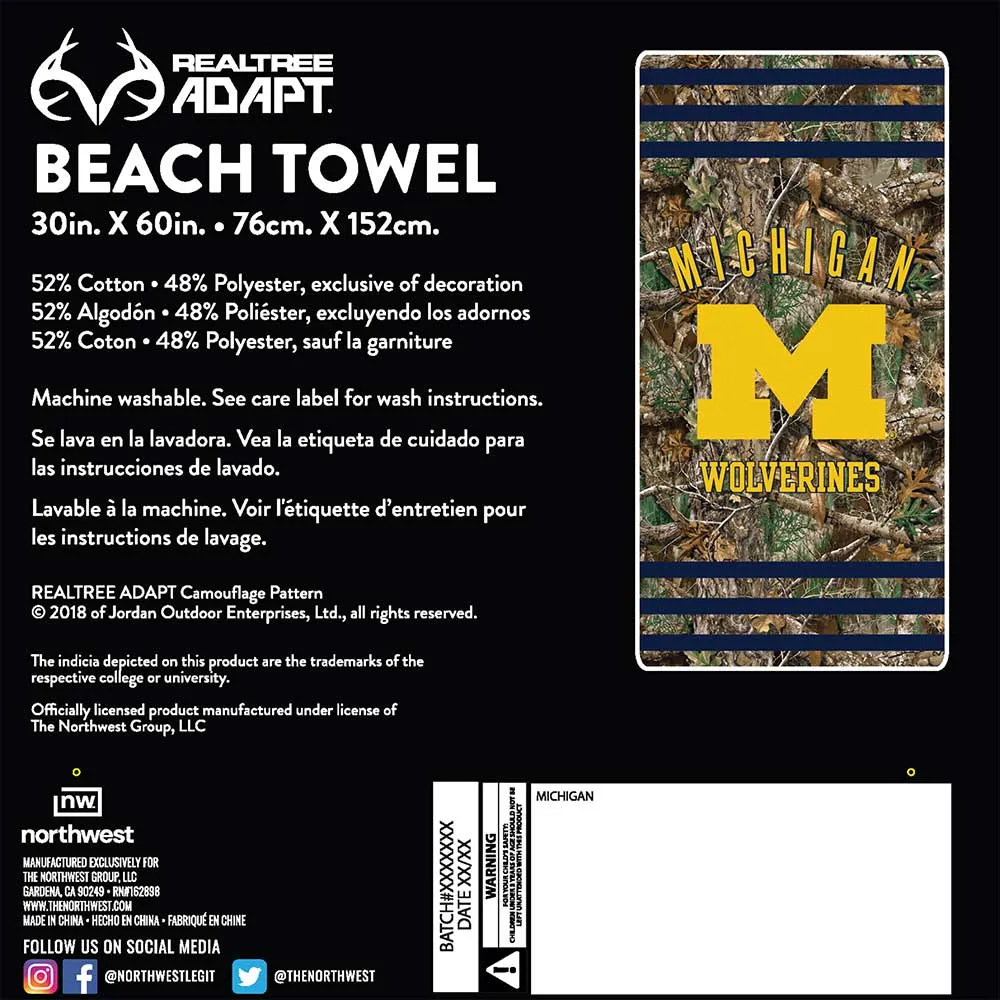 NCAA Michigan Wolverines Realtree Stripes Beach Towel 30x60 Inches