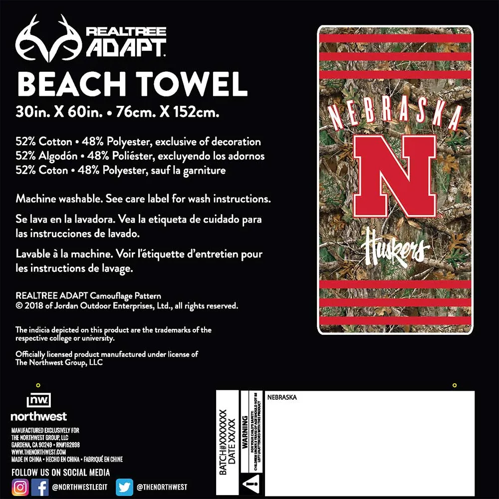 NCAA Nebraska Cornhuskers Realtree Stripes Beach Towel 30x60 Inches