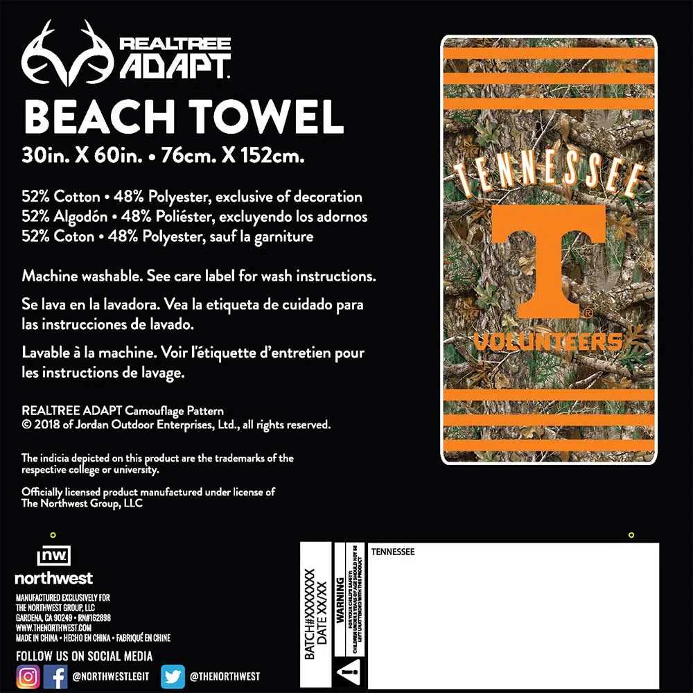 NCAA Tennessee Volunteers Realtree Stripes Beach Towel 30x60 Inches