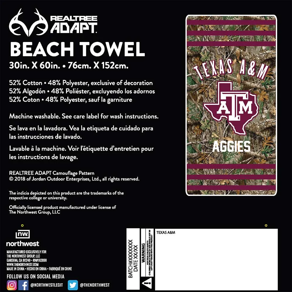 NCAA Texas A&M Aggies Realtree Stripes Beach Towel 30x60 Inches