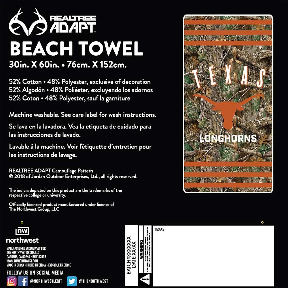 NCAA Texas Longhorns Realtree Stripes Beach Towel 30x60 Inches