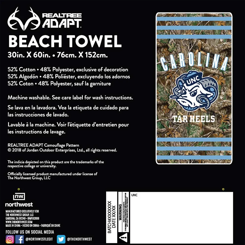 NCAA UNC Tar Heels Realtree Stripes Beach Towel 30x60 Inches