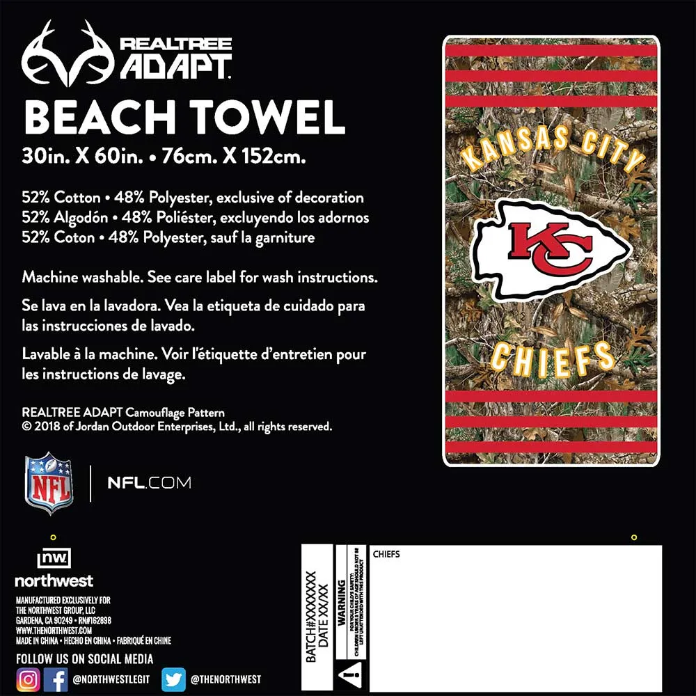 NFL Kansas City Chiefs Realtree Stripes Beach Towel 30x60 Inches