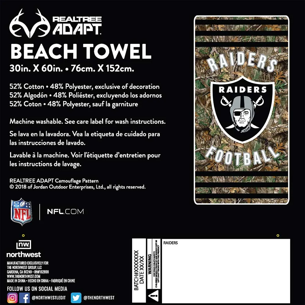 NFL Las Vegas Raiders Realtree Stripes Beach Towel 30x60 Inches