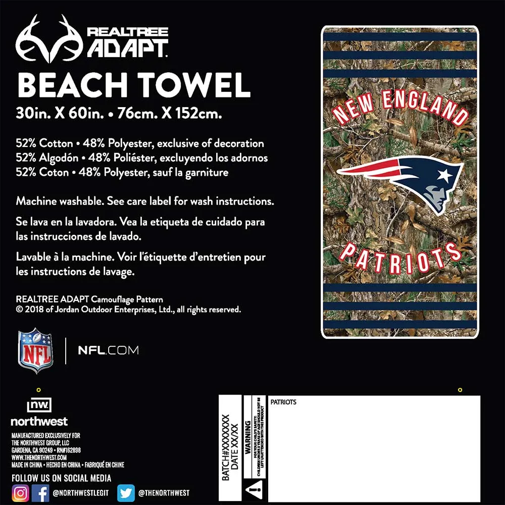 NFL New England Patriots Realtree Stripes Beach Towel 30x60 Inches