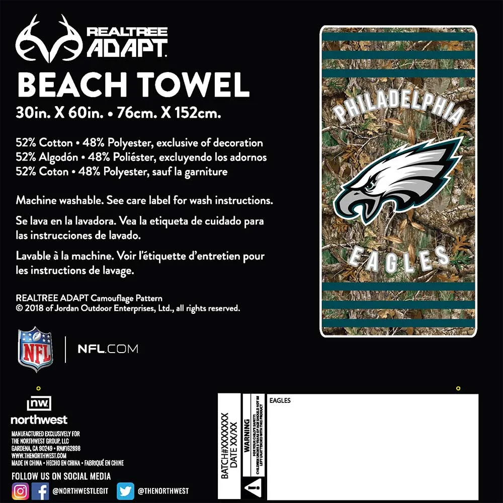 NFL Philadelphia Eagles Realtree Stripes Beach Towel 30x60 Inches