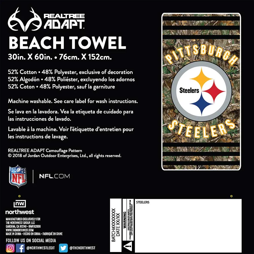 NFL Pittsburgh Steelers Realtree Stripes Beach Towel 30x60 Inches