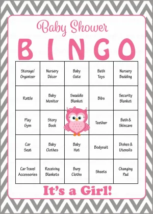 Owl Baby Bingo Cards - Printable Download - Prefilled - Baby Shower Game for Girl - Pink & Gray