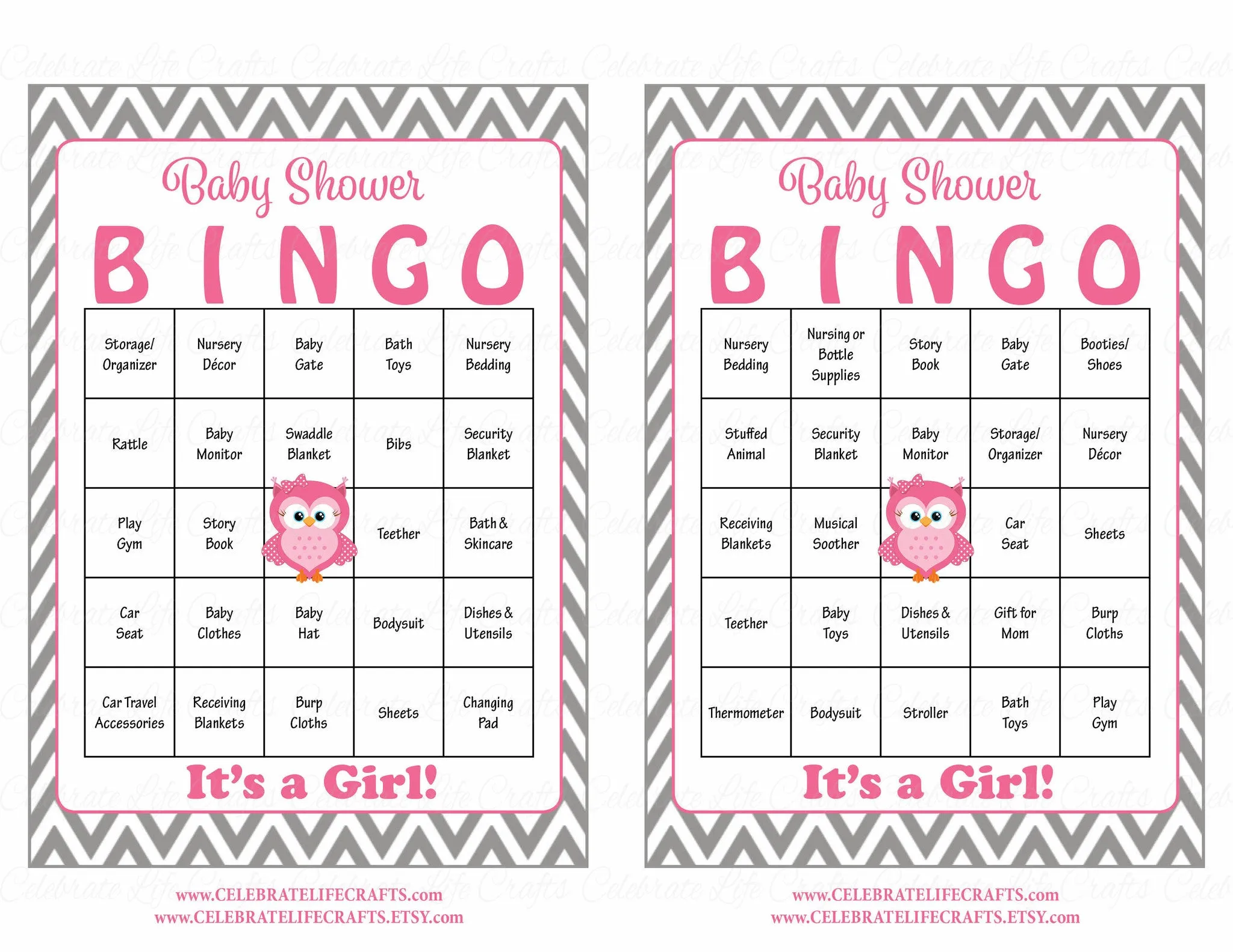 Owl Baby Bingo Cards - Printable Download - Prefilled - Baby Shower Game for Girl - Pink & Gray