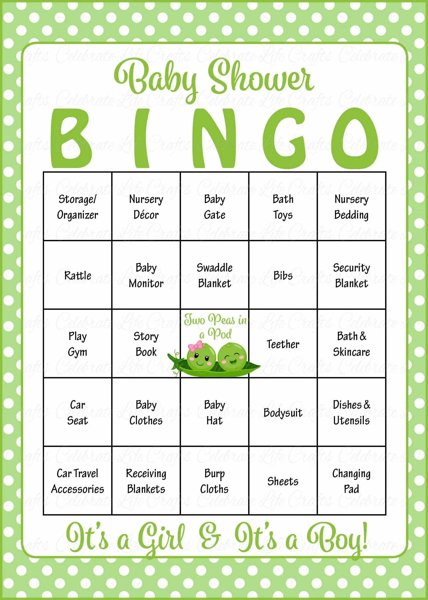 Peas in a Pod Baby Bingo Cards - PRINTABLE DOWNLOAD - Prefilled - Baby Shower Game for Boy Girl Twins - B29003