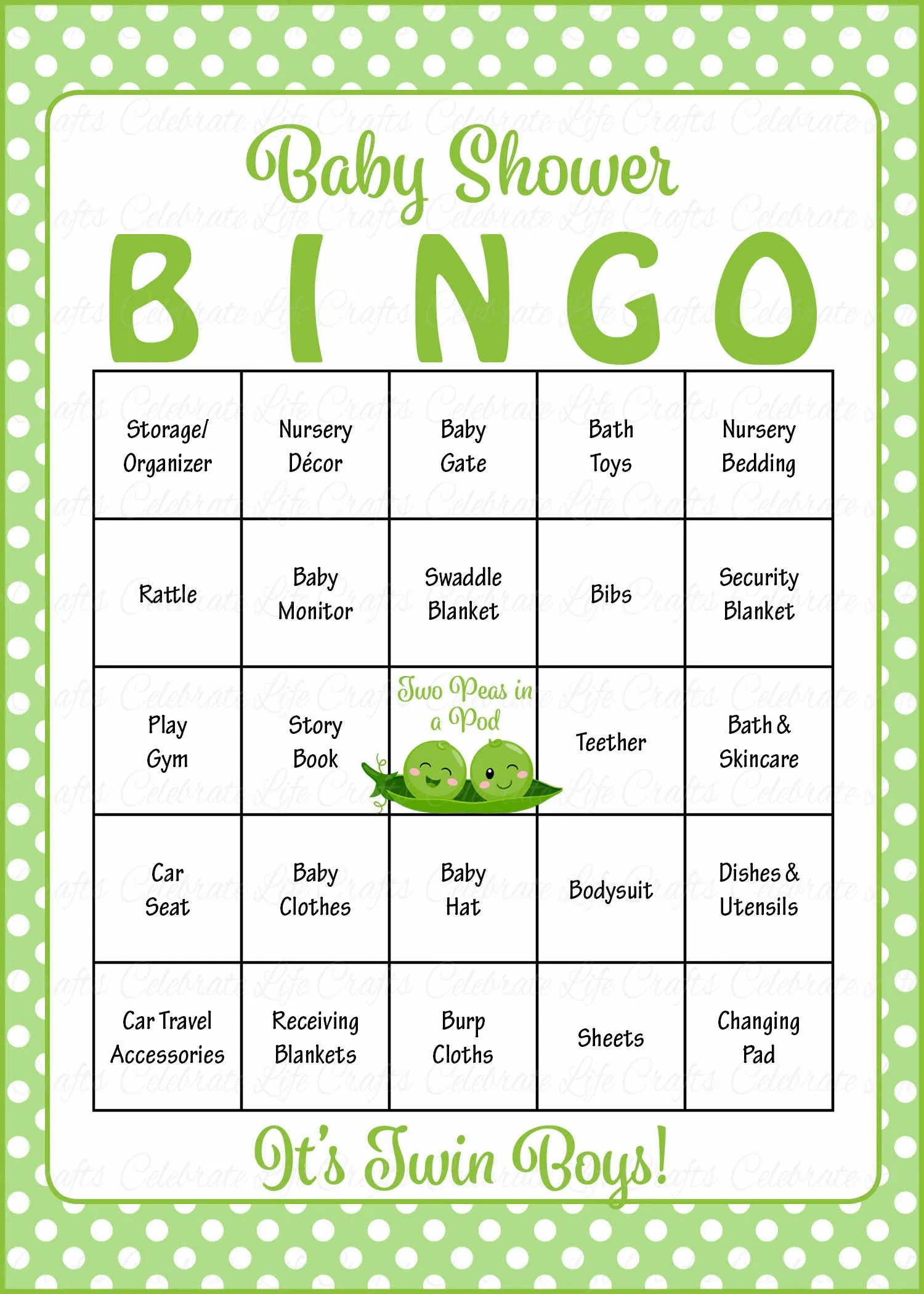 Peas in a Pod Baby Bingo Cards - PRINTABLE DOWNLOAD - Prefilled - Baby Shower Game for Boy Twins - B29001