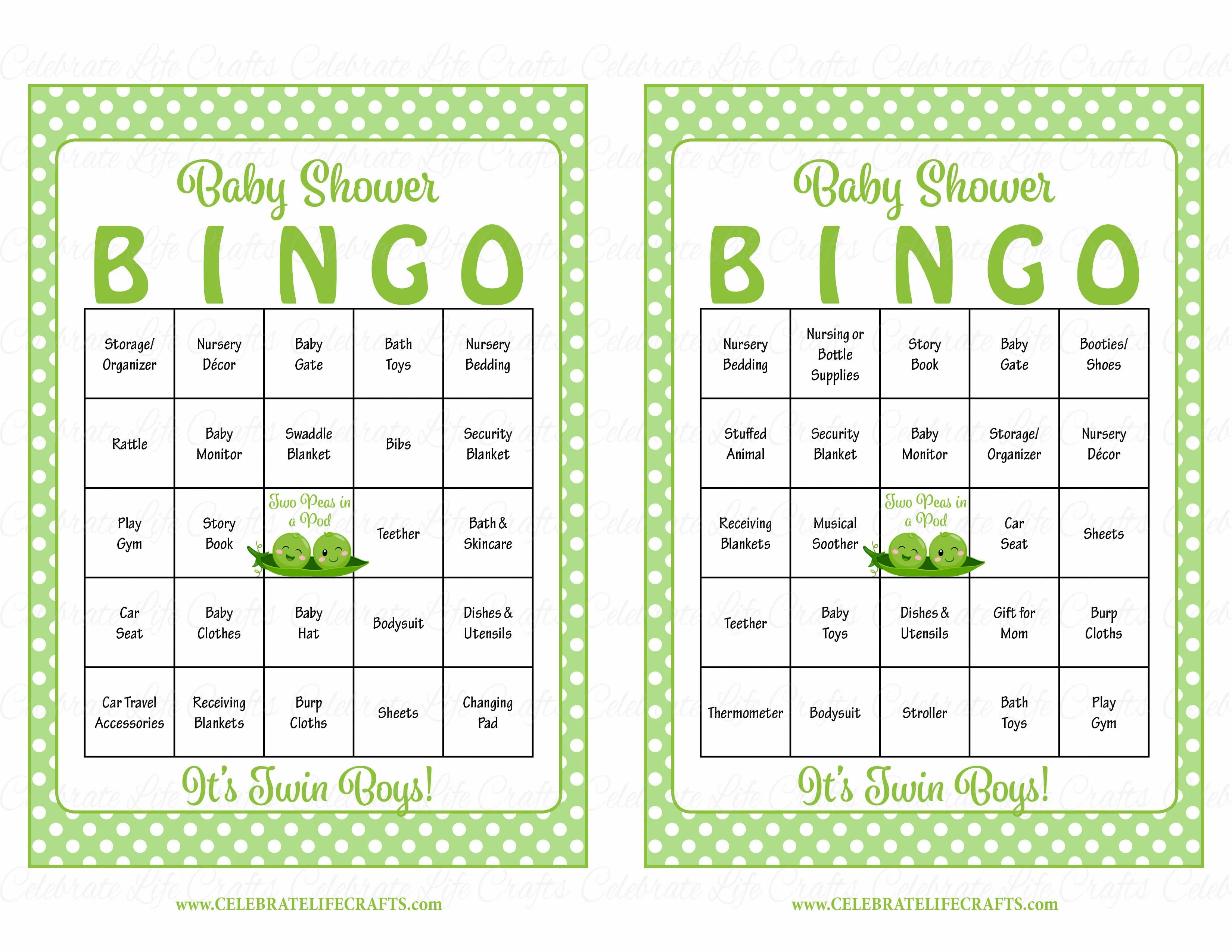 Peas in a Pod Baby Bingo Cards - PRINTABLE DOWNLOAD - Prefilled - Baby Shower Game for Boy Twins - B29001