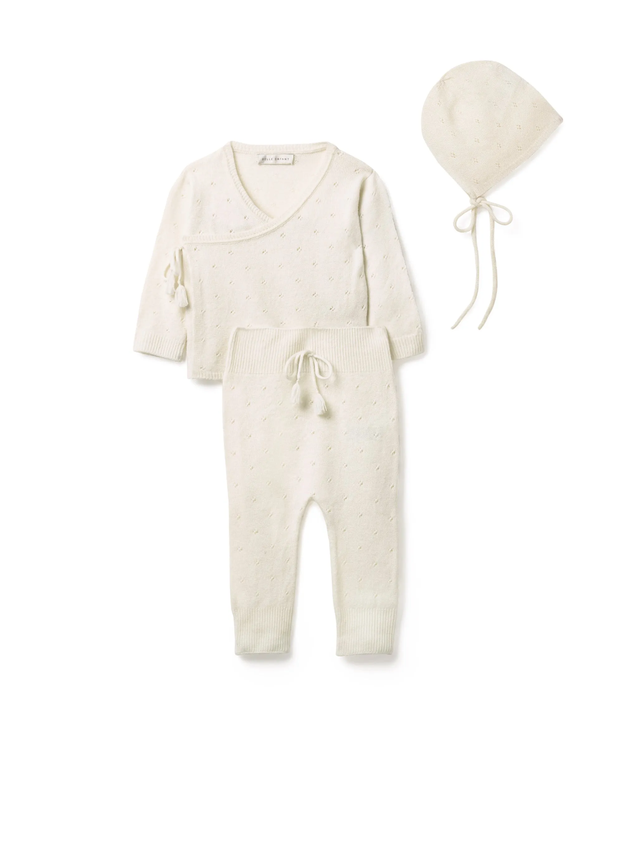 Pointelle Wrap Top, Leggings & Bonnet Set - Snow White