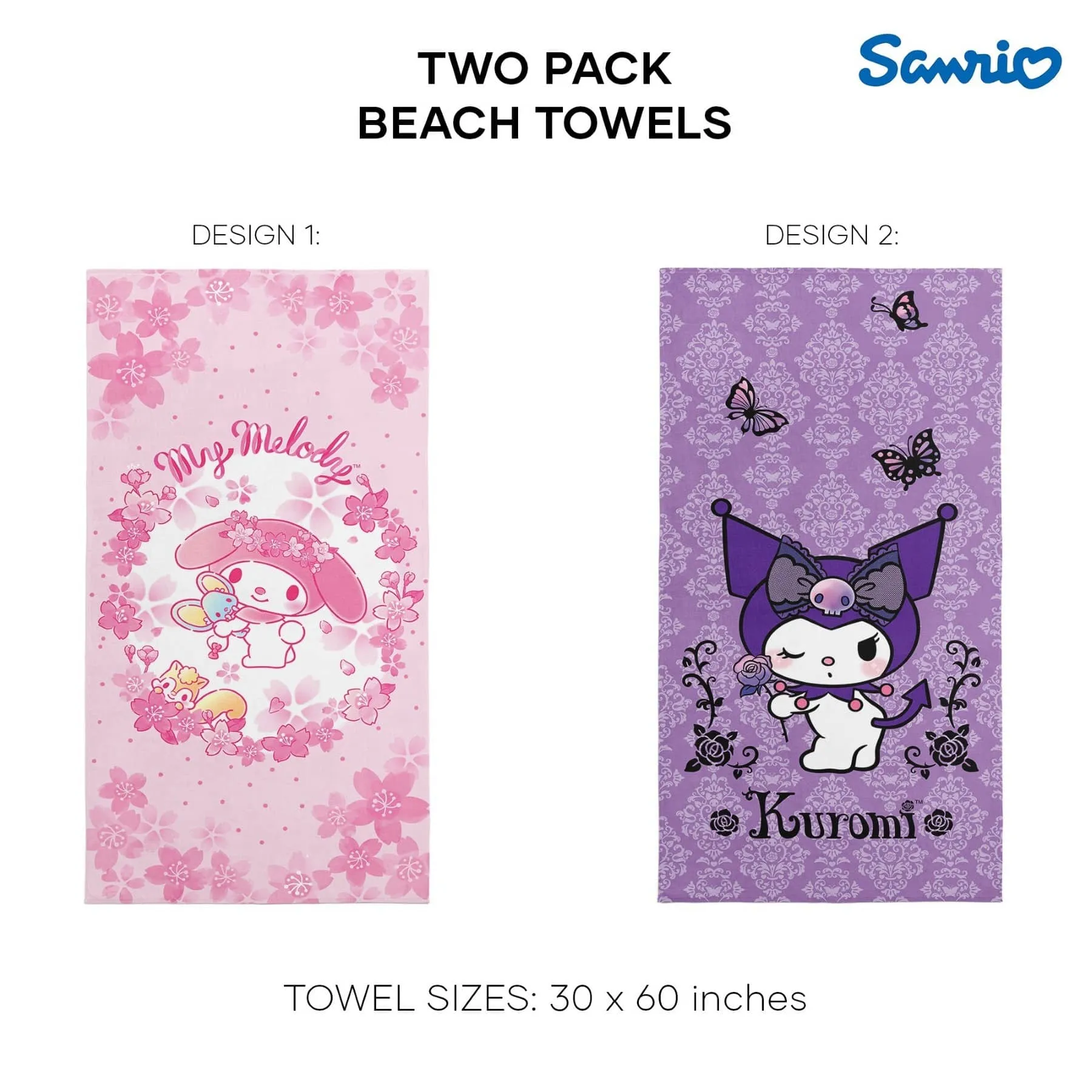 Sanrio My Melody and Kuromi Sakura My Melody   Flirty Kuromi 2-Pack Beach Towel 30x60 Inches